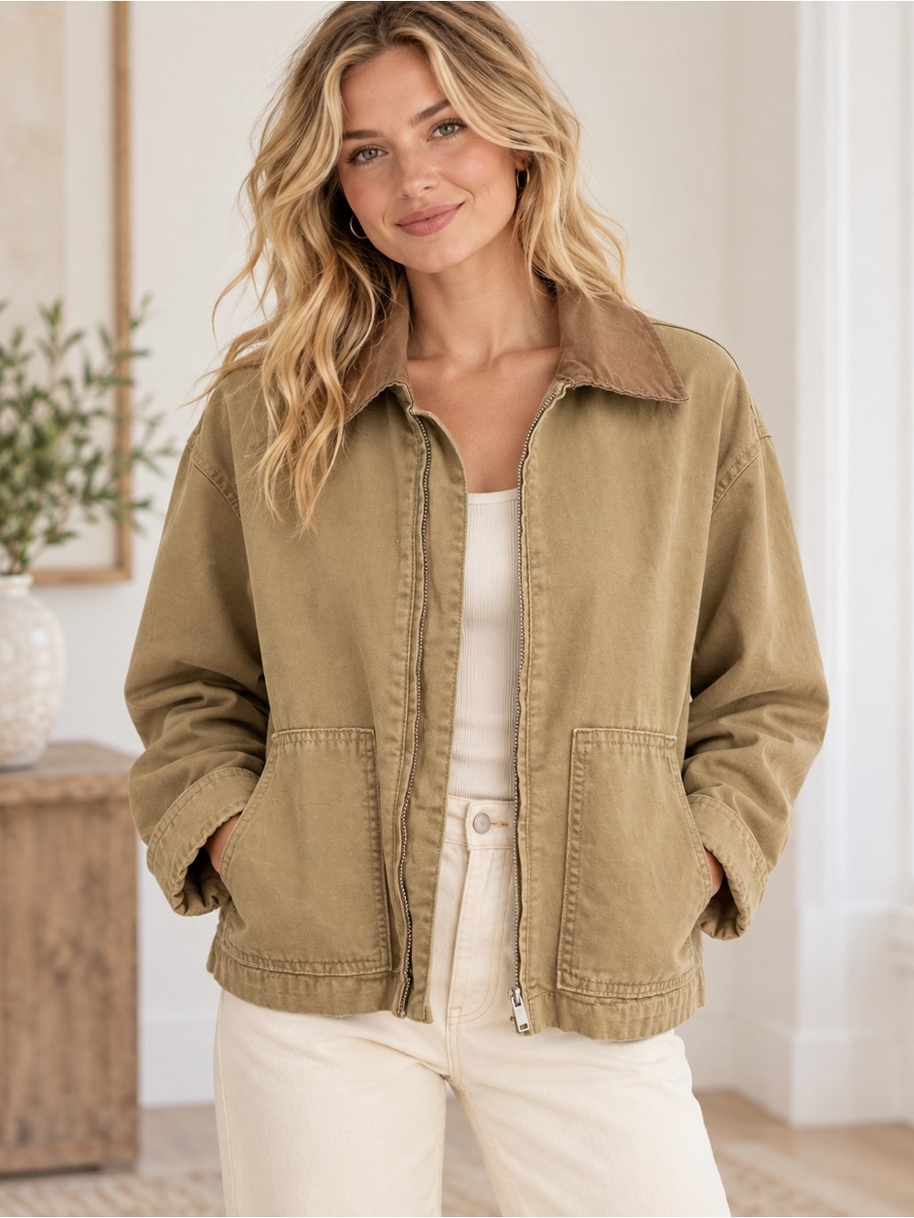 GAP Khaki Utility Jacket with Brown Collar